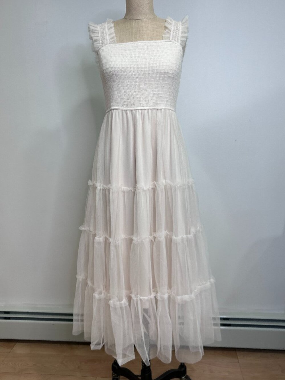 PRETTYGARDEN Off White Tulle Tiered Midi Dress | Size S | Boho Bride Engagement